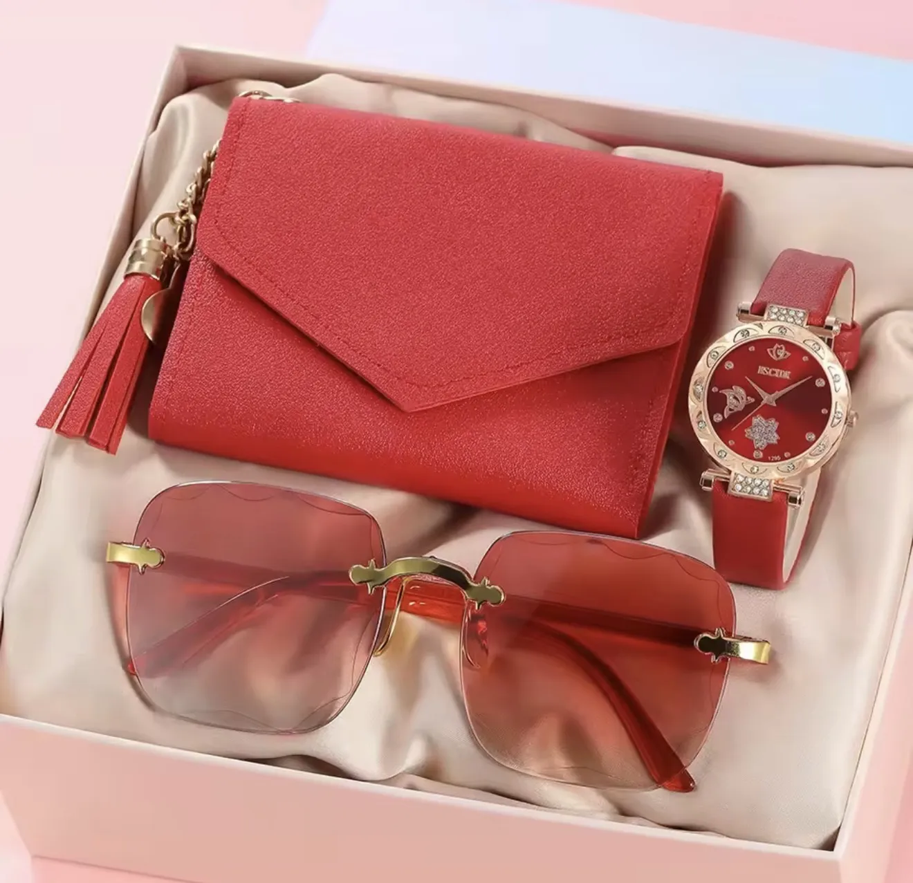 Fashion Women Watches Glasses Wallet Set