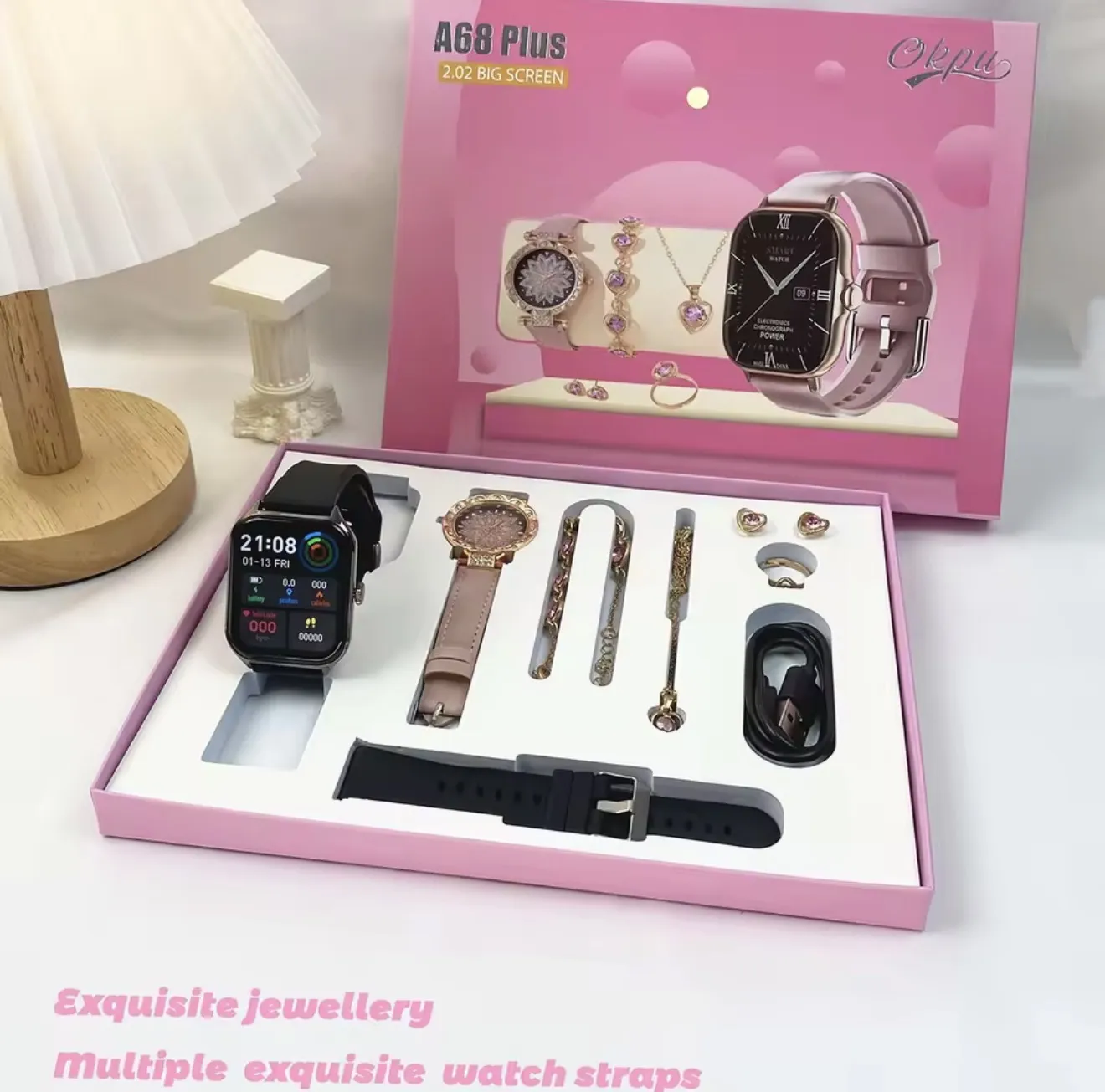 Fashion Smart Watch Gift Box Set + Diamond Quartz Watch + Necklace + Earrings + Ring + Bracelet