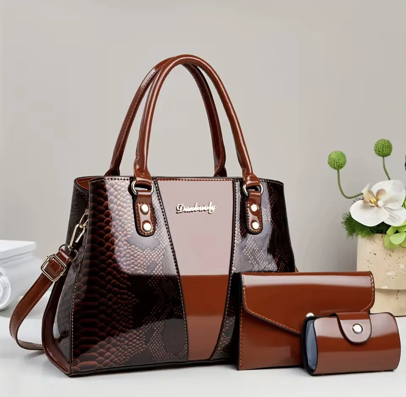 3pcs Snake Pattern Women Crossbody Bag Suit