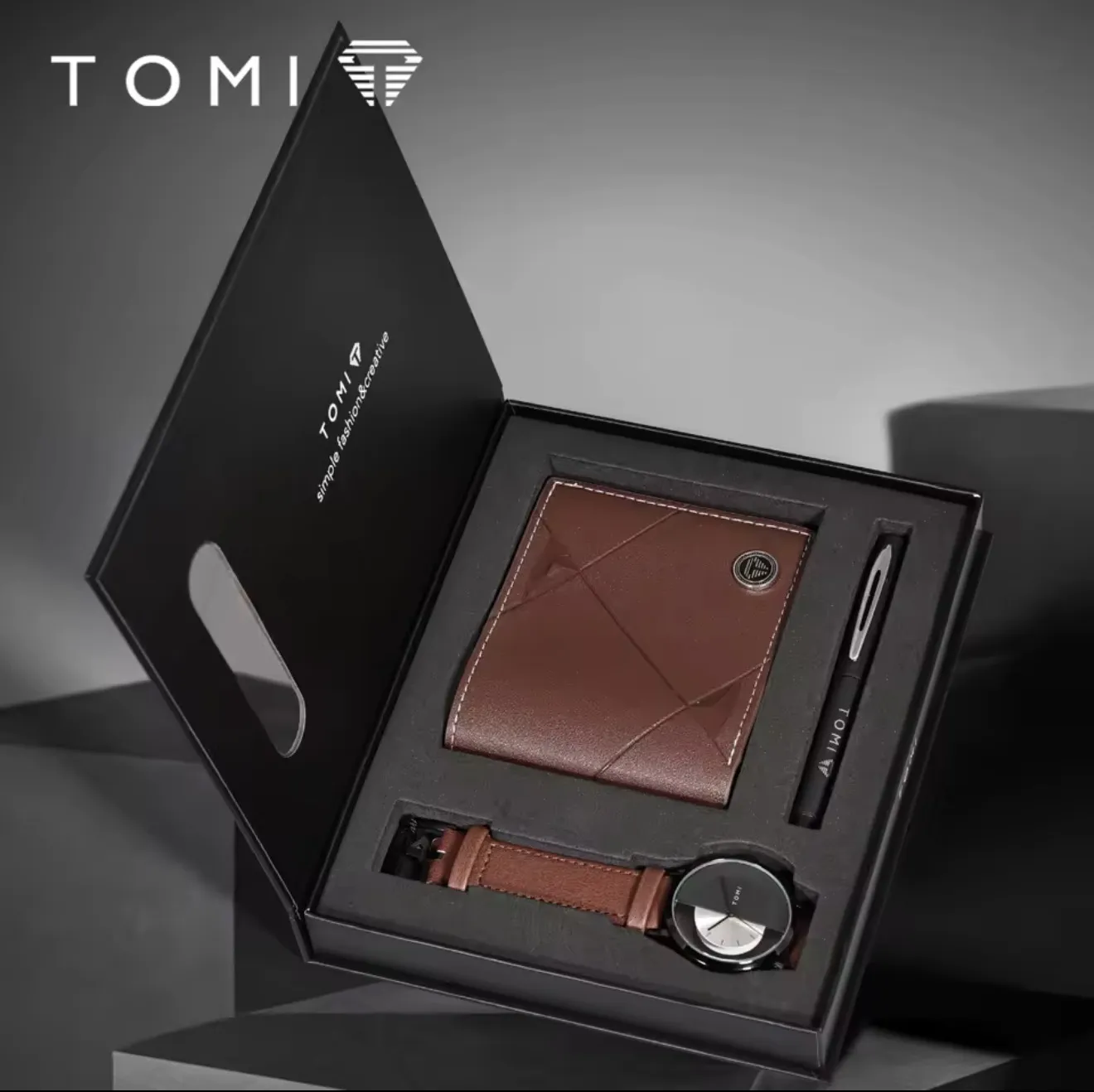 TOMI 3PCS Luxury Business Gift Box Set Men Watch Wallet
