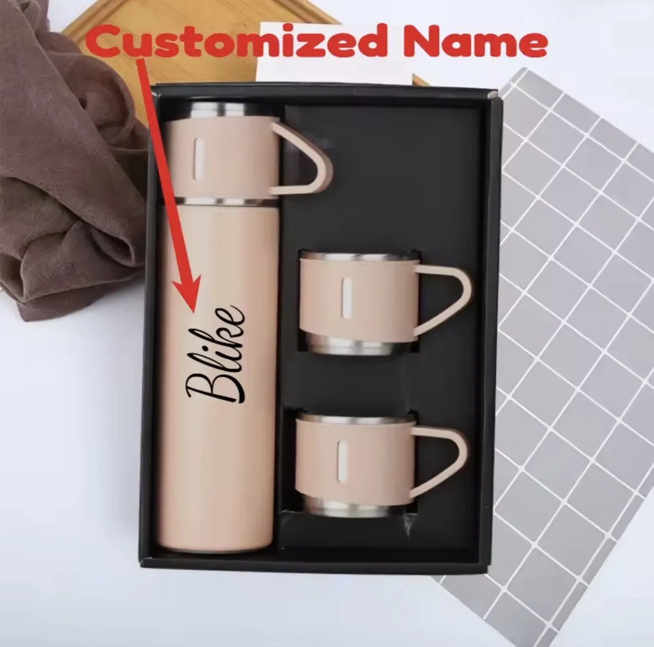 Personalized Laser Engraved Thermos Bottle 500ml - Stainless Steel Insulated Lifting Ear & Elastic Lid Custom Name Water Bottle