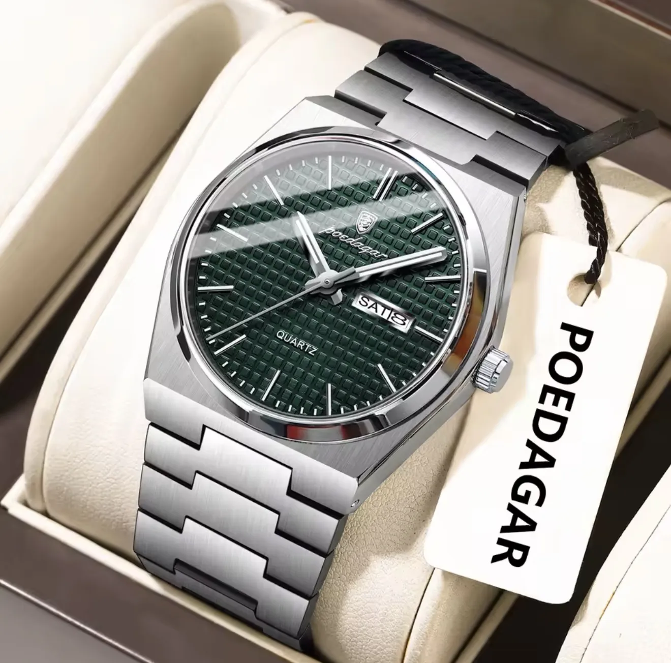 POEDAGAR Luxury Original Man Watch Waterproof Stainless Steel Luminous Men's Wristwatch Date Week Quartz Fashion Watches For Men